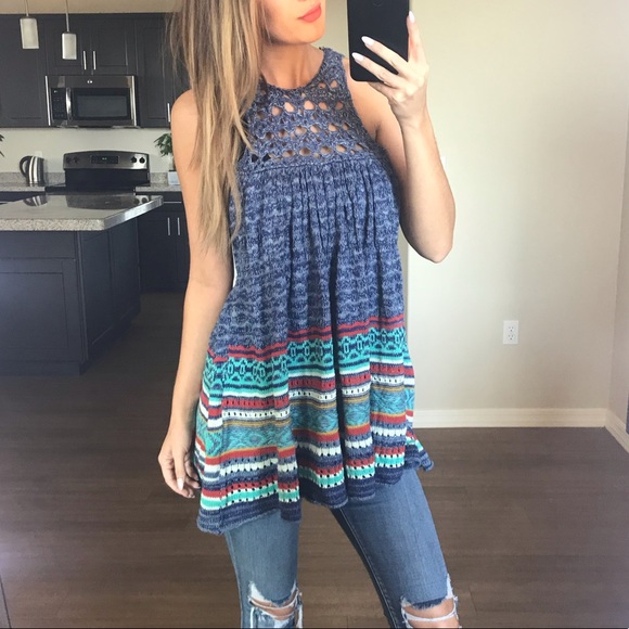 Free People Tops - Free People Open Knit Blue Tunic Size XS
